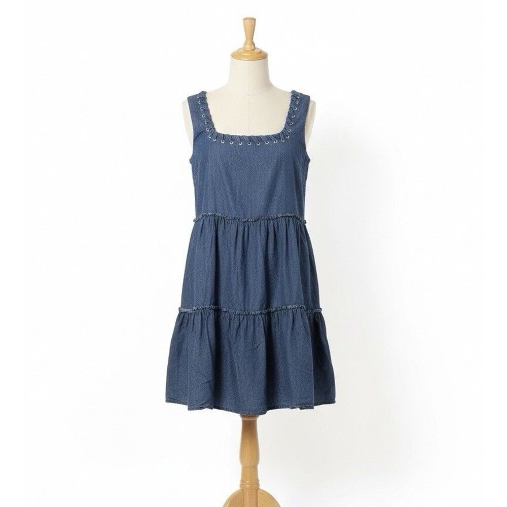 Forever 21 Women's Large Denim Mini Dress Tiered Ruffle Skirt Y2K